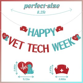 Happy Vet Tech Week Banner - Veterinary Technician Appreciation Decorations, Happy Veterinary Technician Week Bunting Banner Blue Red Glitter