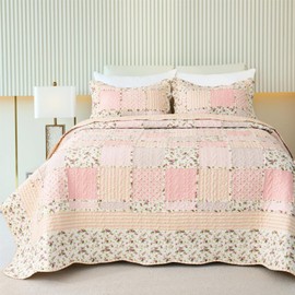 Garden Floral Quilt Bedspread King Size,3 Piece Patchwork Pink Quilt Set with 2 Pillow Shams,Summer Bedding Set for Girls Women,Soft Lightweight Bed Coverlet for All Seasons(King106x96 Pink&Yellow)