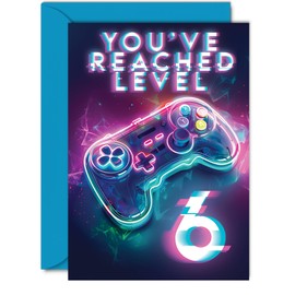 6th Gamer Birthday Cards for Boys Girls - You've Reached Level 6 - Happy 6 Birthday Card for Son Daughter Nephew Niece Grandson, 5x7 Inch Six Sixth Bday Video Game Greeting Cards