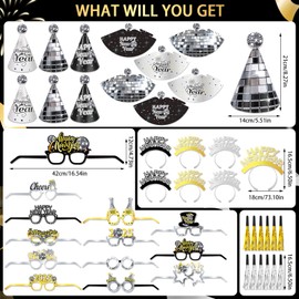 DPKOW Disco New Year's Eve Party Supplies 2025, Black Gold Silver New Year Party Hats Glasses Happy New Year Headbands