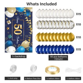 Navy Blue 50th Happy Birthday Party Decorations Blue and Gold 50 Birthday Photography Backdrop Banner Confetti Balloons Arch Kit for Men Women 50th Birthday Party Decorations Supplies