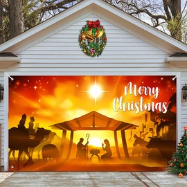 Garage Door Banner Decoration Wall Papers Garage Buddy Birth of Jesus Backdrop Christmas Night Manger Nativity Pray Scene Baby Shower Family Party Portrait Photography Background,D,240x210cm/8x7ft