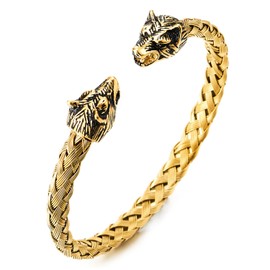 COOLSTEELANDBEYOND Mens Wolf Head Bracelet Steel Braided Cable Bangle Cuff Bracelet Gold Black, Adjustable