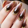 Sparkly French Press on Nails Brown Gradient Medium Almond Fake Nails Curve Line Gel Glue on Fingernails Glossy Gold Glitter Stick on Nail 24Pcs Acrylic Full Cover False Nail for Holiday Manicure Art