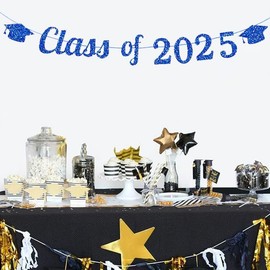Class of 2025 Banner - Graduation Decorations Bunting, Blue Glittery Congratulations Banner, 2025 Senior High School College Graduation Party Decoration