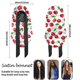 BHAHB Silk Feeling Long Satin Bonnet for Sleeping Adjustable Double Layer Elastic Reusable Long Hair Caps Cute Women Girls-Cherry