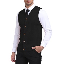 YTD Men's Cable Knit Sweater Vest Wool Blend V Neck Button Down Sleeveless Cardigan Vest XL Black