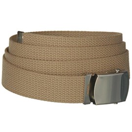 Mil-tec Khaki, 100% cotton webbing US trouser belt with silver coloured metal buckle.