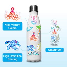 BBTO 100 Pcs Beach Stickers for Water Bottles Sea Stickers Waterproof Vinyl Decals DIY Decorative Ocean Marine Life Stickers for Laptop Travel Luggage Car Bike Bicycle Helmet(Marine Life Style)