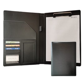 IRIWA Binder A4 Leather Clipboard PU Leather Clip File Bi-Fold Multifunction Pen Holder with Pocket Memo Paper Business Card Holder Office Business Meeting (Type A Black)