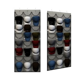 Unjumbly Baseball Hat Rack, 24 Pocket Over-The-Door Hat Organizer with Clear Deep Pockets to Display Baseball Caps Collection, Complete with 3 Over Door Hooks (Grey, 24 Pockets)