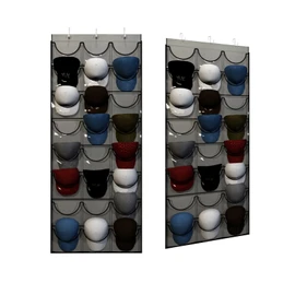 Unjumbly Baseball Hat Rack, 24 Pocket Over-The-Door Hat Organizer with Clear Deep Pockets to Display Baseball Caps Collection, Complete with 3 Over Door Hooks (Grey, 24 Pockets)