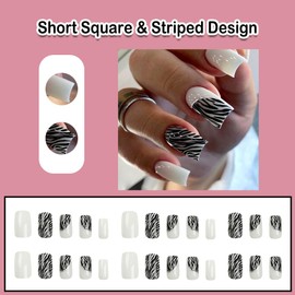 ANDGING Square Press on Nails Short Medium Black White Fake Nails Acrylic Glue Glue on Nails with Striped Design Manicure False Nails Full Cover Women Gel Stick on Nails for Wedding LADKKH