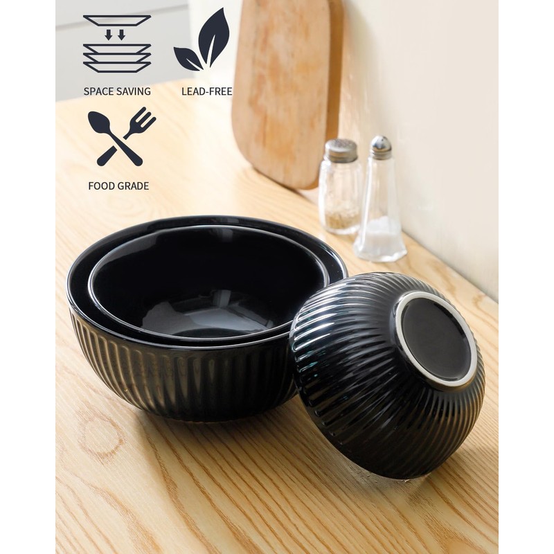 Hasense Porcelain Mixing Bowls of 3, Large Ribbed Black Bowls