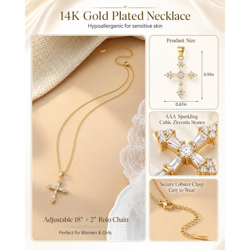 HGDEER Gold Cross Necklace for Women Girls, Christian Catholic Faith