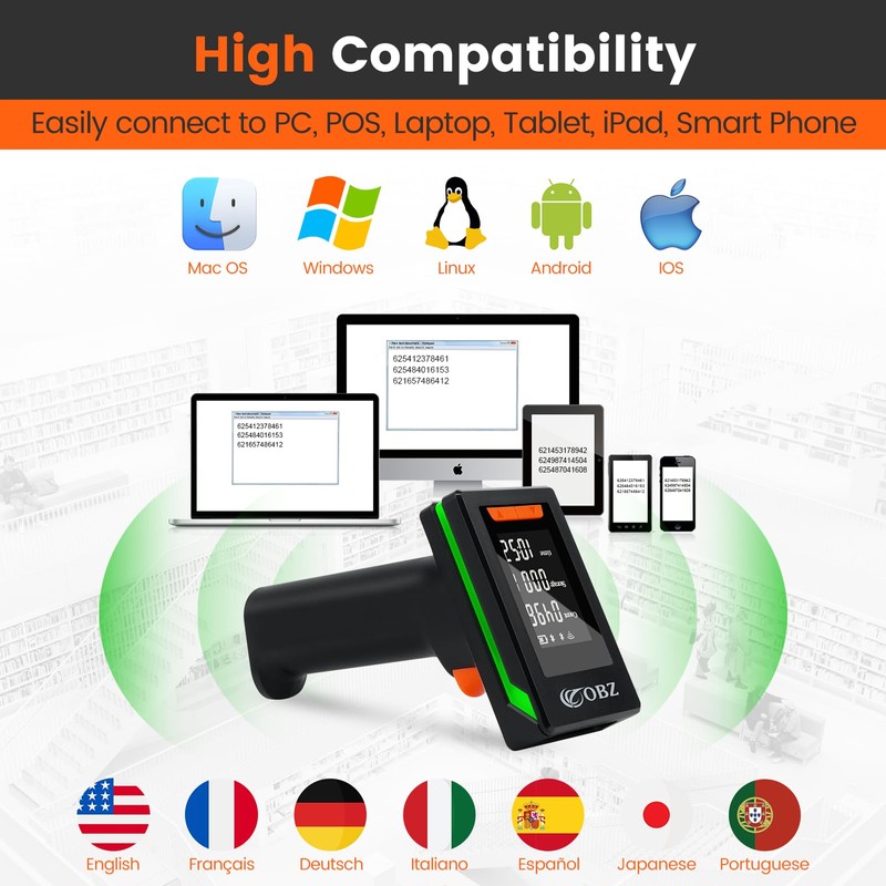 OBZ 2D Bluetooth Barcode Scanner with Large Screen, Compatible with