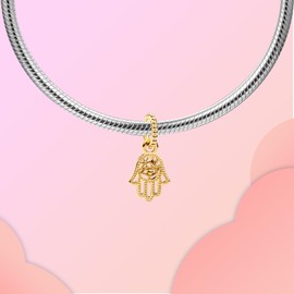 LUXILLA Golden Hamsa Hand Charm 925 Sterling Silver Fits Bracelets Necklace Pendant Bead Jewelry Gift for Women Family Friends
