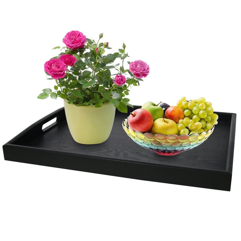 DILLMAN Serving Tray Large Black Wood Rectangle Food Tray Butler
