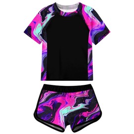 Idgreatim Girls Rash Guard Bathing Suit Set Size 10-11 Years Marble Print Pink Swimsuit UPF 50+ UV Swimming Set with Shorts