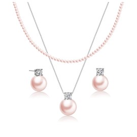 Wedding Jewelry Sets for Brides - Sterling Silver Pink 10 MM Pearl Studs and Necklace Set Bridesmaid Pearl Jewelry Set for Women Pearls Stud Earrings Layered Pearls 4 MM Choker Dainty Wedding Bridal Gifts
