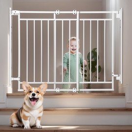 27.5-43" Baby Gate No Bottom Bar for Stairs and Doorways, 2-in-1 Auto Close Dog Gate Indoor for the House, Hardware Mounted Pet Gate with Large Walk Thru Door, Child Safety Gate for Dogs, White