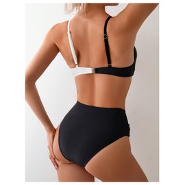 GORGLITTER - Traje de baño de bikini de 2 piezas para mujer, color block Criss Cross traje de baño de cintura alta, negro y blanco, Small