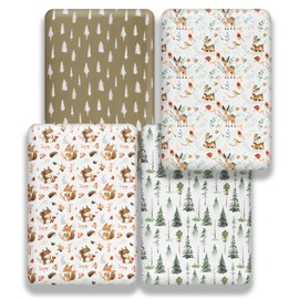 4 Pack Woodland Forest Animals Wood Neutral Unisex Fitted Baby Crib Sheets Set for Baby Boys or Girls (Beer, 52 * 28)