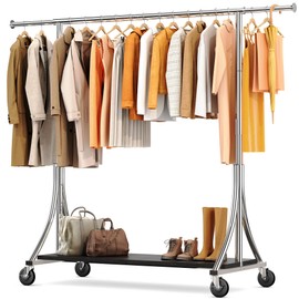 HOKEEPER Clothes Rack with Wood Shelves Height Adjustable Clothing Rack with Lockable Wheels 500LBS Portable Garment Closet for Bedroom, Living Room, Laundry, Balcony, Silver 15.7" D*74.7" W*70.7" H