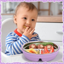 Nuogo 1 Pcs Stainless Steel Baby Suction Plates with Removable Silicone Shell 2-in-1 Metal Toddler Bowl Divided for Picky Eaters Kid Feeding Led Weaning Supply, Dishwasher Safe (Purple)