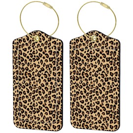 2 Pack Luggage Tags for Suitcases, Cute PU Leather Name Tags with Privacy Cover & Stainless Steel Loops, Travel ID Bag Tags for Women & Men - Leopard