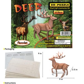 Puzzled 3D Puzzle Deer Wood Craft Construction Model Kit, Fun, Unique & Educational DIY Wooden Toy Assemble Model Unfinished Crafting Hobby Puzzle to Build & Paint for Decoration 38 Pieces Pack