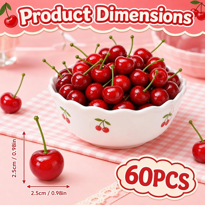 60 Fake Cherries, Red Fake Cherry Artificial Foam Fruit Decor