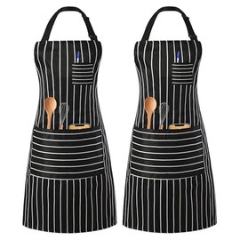 The Living Looms 2 Pack Adult Bib Aprons Set Water Resistant 3 Pockets Adjustable Kitchen Cooking Aprons Restaurant Chef Aprons for Men Women (Black - 2 Pack)