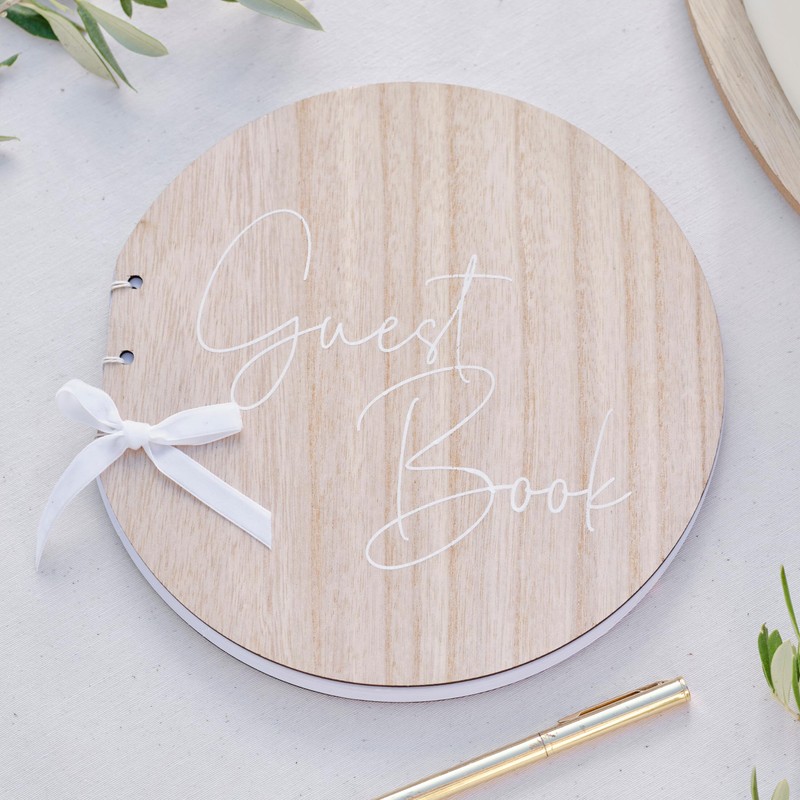 Ginger Ray Round Wooden Wedding Guest Book with Cream Ribbon,
