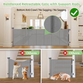 96 Inch Wide Reinforced Retractable Dog Gate with Support Rods - Prevent Crawling Under, Extra Long Retractable Baby Gate Large Dog Gate Indoor/Outdoor Retractable Pet Gate, Gray