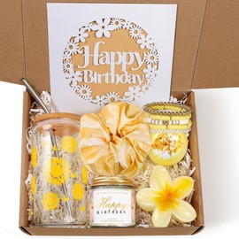 iAOVUEBY Birthday Gifts for Women, Her, Teen Girl Gifts, Happy Birthday Gift Box for Girl, Women, Sister, Daughter, Friend, Friendship, Cute Sunflower Sunshine Glass Cup Gift Set 7PCS, 16oz, Yellow