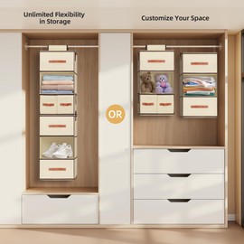 Hanging Closet Organizer 6-Shelf, Upgrade Hanging Shelves for Closet with 5 Removable Drawers & Side Pockets, Hanging Shelf Organizer for Bedroom or Garment Rack, 12.6'' x 12.6'' x 44.1'', Beige
