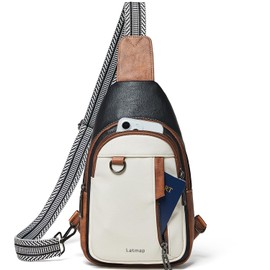 LATMAP Sling Bag for Women Men Leather Small Sling Backpack Daypack Anti Theft Fanny Pack Crossbody Purse Travel,Black and Brown With Beige