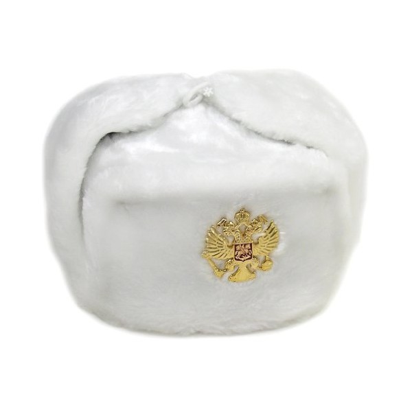 Russian Fur Hat Ushanka Military White XL (62) Imperial Eagle Chrest Badge