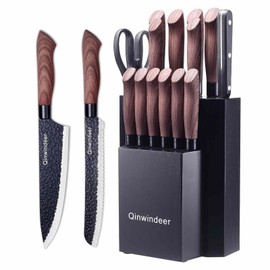 Knife Block Set with Sharpener 16 Pis，Forged Cooking Kitchen Knives Sets Dishwasher Safe，Chef Cutting Knofe Set Stainless Steel Black Blade(black)