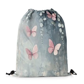 Erosebridal Oil Painting Draw String Back Bag,Rustic Aesthetics String Backpack,Butterfly Eucalyptus Drawstring Backpack 13X15.7,Wild Animal Plants Cinch Bag Waterproof