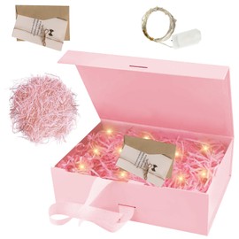 Gift Box with Lid, Gift Box with Bow, Gift Box, Gift Box with Raffia Hamper Shreds Greeting Cards, Magnetic Gift Box, LED Light for Wedding, Birthday, Valentine's Day (B)