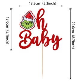 1 decoración para tartas de Grinch Oh Baby con purpurina para baby shower, Navidad, decoración para tartas de Navidad, recién nacido, baby shower, niños, fiesta de cumpleaños, suministros para decoración de pasteles, color rojo