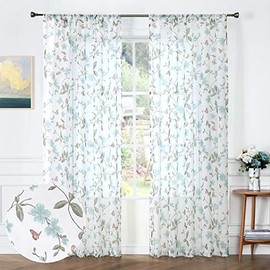 Tollpiz Sheer Floral Curtains Blue Flower Butterfly Printed Bedroom Curtain Rod Pocket Voile Faux Linen Short Window Curtains for Living Room, 54 x 45 inches Long, Set of 2 Panels