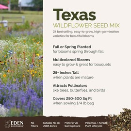 Eden Brothers Texas Wildflower Mixed Seeds for Planting, 1/4 lb, 120,000+ Seeds with Cornflower, Birds Eyes, African Daisy, Attracts Pollinators, Plant in Spring or Fall, Zones 3, 4, 5, 6, 7, 8, 9, 10