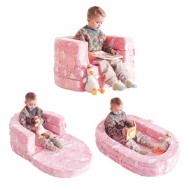 Tiita 3-in-1 Kids Sofa Bed, Comfy Couch Plush Toddler Chair Bed, Convertible Toddler Travel Beds, Folding Kids Couch with Washable Cover Carrying Handle for Girls and Boys