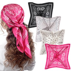Syhood 4 Pcs 27'' Square Satin Head Scarves Satin Bandanas for Women Satin Headband Scarves Silk Feeling Scarf Boho Headwear (Rose Red, Black, White, Gray)