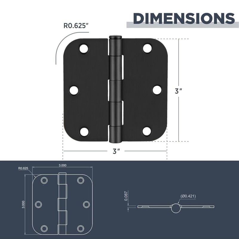 Rounded Door Hinges 3 x 3 inch, 5/8 Radius, Matte