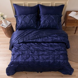MR&HM Satin Comforter Full 7 Pieces - Luxurious Pinch Pleat Bedding Set with Comforter, Flat Sheet, Fitted Sheet, Pillowcases & Shams, Super Silky Soft Bed Set for All Season (Full, Navy Blue)