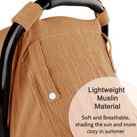 Hooyax Muslin Car Seat Covers for Babies, Summer Baby Car Seat Cover for Boys Girls with Breathable Window, Lightweight Infant Car Seat Canopy, Brown